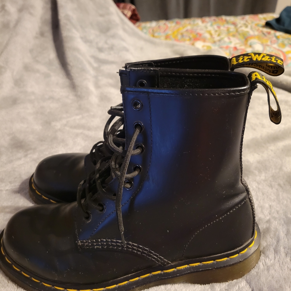 Dr. Martens Shiny Black Boots with Yellow Accents